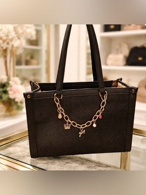 Juicy Couture Black Monogram Tote Bag Gold Chain Charm Shoulder Purse